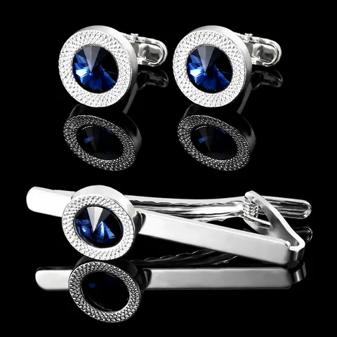 Men's Business French Cufflink Tie Clip Set Copper Alloy Rhinestone Inlaid Blue Gemstone Wedding Banquet Formal Shirt Accessories Gift