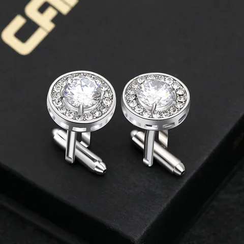 Luxury Round Zirconia Cufflinks For Men High End Silver Tone Copper Business Suit French Shirt Cuff Links Jewelry Gift
