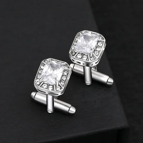 Luxury Copper Zirconia Cufflinks For Men Business Wedding Shirt Accessories Silver Tone Square Zircon Cuff Links Jewelry