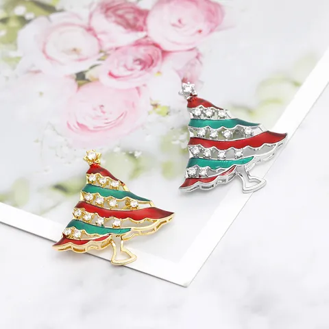 Spilla Albero di Natale in Zircone Rame Smalto Rosso Verde per Donna Gioielli per Feste Festive Spilla Placcata Oro Argento