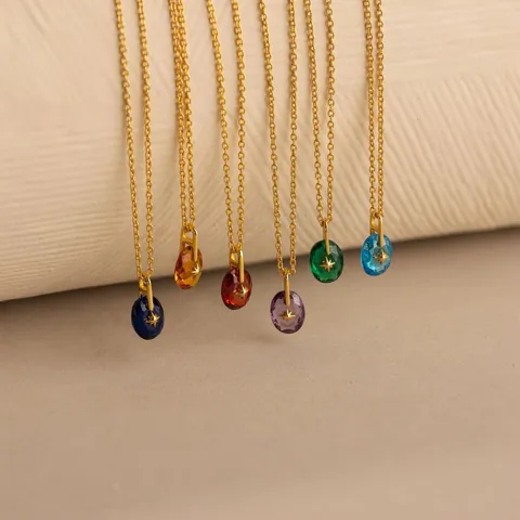 Vintage Noordster Geboortesteen Hanger Halsketting 14K Verguld Roestvrij Stalen Ketting Ovaal Zirkonia Sieraden Voor Vrouwen