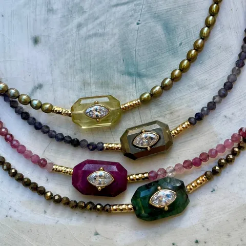Bohemian Natural Stone Beaded Necklace Copper 14K Gold Plated Zirconia Inlaid Geometric Evil Eye Pendant Fashion Jewelry For Women