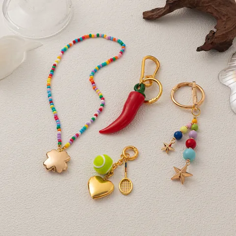Handgemachter Bunter Perlen Schlüsselanhänger Goldener Chili Stern Kleeblatt Tennis Racket Anhänger Für Damen Taschen Deko