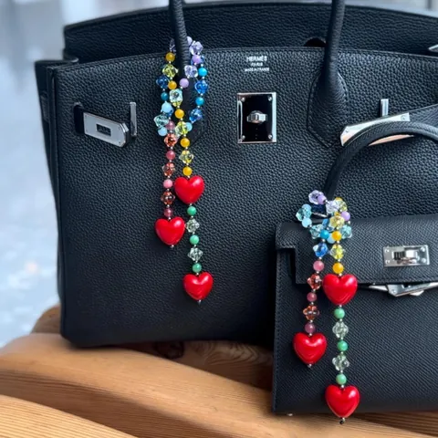 Colorful Acrylic Beaded Bag Charm Pendant With Red Heart Decoration Fashion Macaron Style Bag Chain Accessory For Women