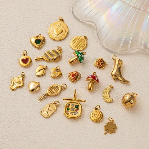 Stainless Steel 18K Gold Plated Heart Mushroom Clover Pendant Necklace For Women Retro Enamel Rhinestone DIY Jewelry Accessories