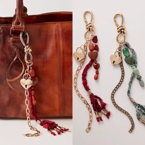 Vintage Bohemian Heart Bag Charm Alloy Stone Beads Fabric Tassel Keychain Decorative Accessories For Women Bag Charm
