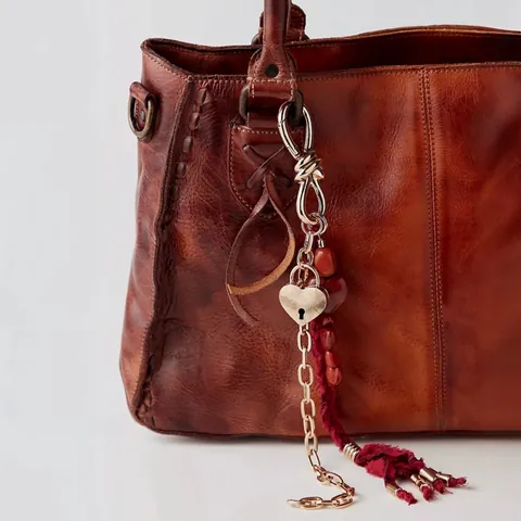 Vintage Bohemian Heart Bag Charm Alloy Stone Beads Fabric Tassel Keychain Decorative Accessories For Women Bag Charm