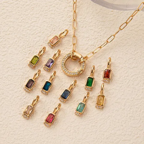 18K Gold Plated Copper Birthstone Necklace Rectangular Cubic Zirconia Pendant Minimalist Paperclip Chain Fashion Women Jewelry