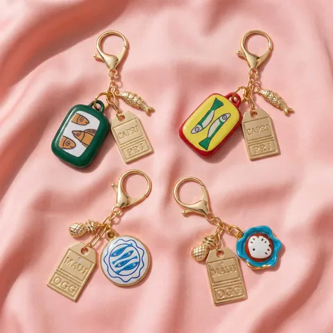 Mode 18k Vergulde Stad Reis Thema Sleutelhanger Tasbedeltje Met Emaille Vis Ananas Leer Paraplu Souvenir Voor Vrouwen