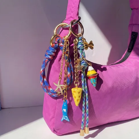 Vintage Legierung Geflochtenes Seil Taschenanhänger Damen Vergoldet Kette Schlüsselanhänger Mit Fisch Stern Croissant Eis Charme
