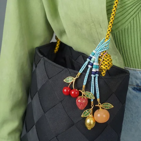 Handmade Woven Fruit Keychain Bag Pendant Strawberry Cherry Evil Eye Heart Mushroom Charm Women Fashion Key Ring Gift