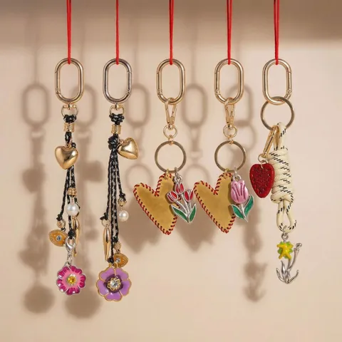 Mode Hart Tulp Bloem Tasbedel Geweven Touw Sleutelhanger Voor Vrouwen Zinklegering 14K Verguld Kunstparel Boze Oog Decoratief Accessoire