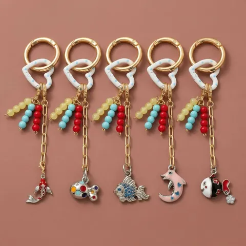 Bohemian Handmade Woven Keychain Multi Color Beaded Bag Pendant Enamel Fish Evil Eye Heart Charm 18K Gold Plated Key Ring For Women