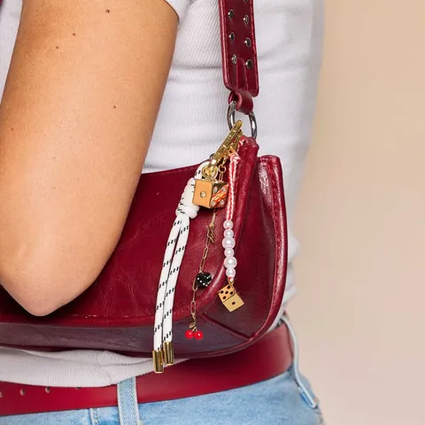 Retro Würfel Kirsche Taschenanhänger Künstliche Perle Geflochtenes Seil Schlüsselanhänger Gold Legierung Stern Herz Anhänger Damen
