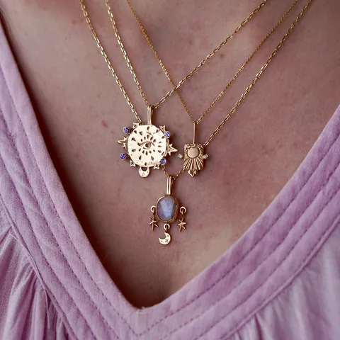 Tarot Card Necklace Stainless Steel 18K Gold Plated Pendant With Cubic Zirconia Celestial Eyes Star Moon