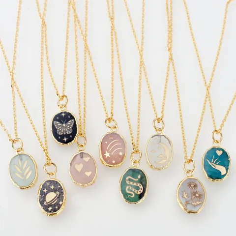Pendant Necklace Copper Natural Stone 14K Gold Plated Butterfly Star Moon Heart Flower Vintage Dainty Jewelry For Women