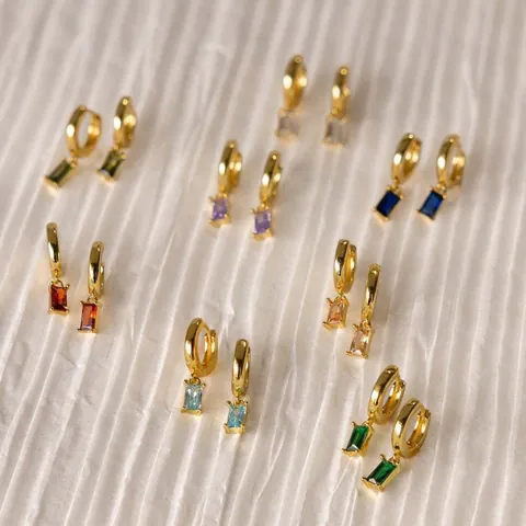 Vintage Geometric Copper Hoop Earrings Gold Plated Rectangular Zircon Birthstone Dangle Ear Jewelry For Women