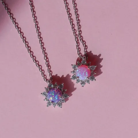 Opal Sunburst Pendant Necklace Vintage Micro Paved Zircon Copper Sun Flower Jewelry For Women