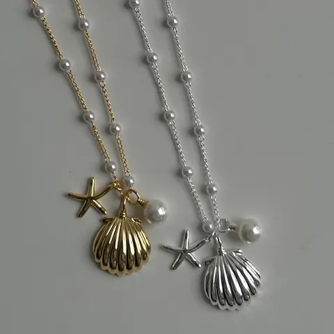 Copper Gold Plated Shell Starfish Artificial Pearl Pendant Necklace Retro French Ocean Style Beach Jewelry For Women