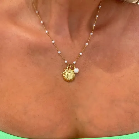 Copper Gold Plated Shell Starfish Artificial Pearl Pendant Necklace Retro French Ocean Style Beach Jewelry For Women
