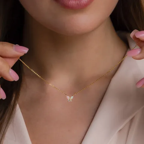 Collana Pendente Farfalla Acciaio Inossidabile Con Opale Rosa Blu E Strass Placcato Oro 18K Gioielli Eleganti Donna