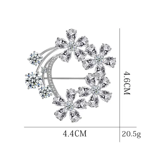 Elegant Copper Flower Brooch With Pear Cut Cubic Zirconia Crescent Moon Shape Sparkling Rhinestone Pin For Women Jewelry