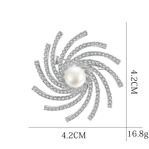Elegant Copper Spiral Snowflake Brooch With White Artificial Pearl And Zirconia Inlaid Silver Tone Fashion Jewelry For Women Gift