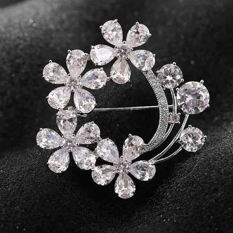 Elegant Copper Flower Brooch With Pear Cut Cubic Zirconia Crescent Moon Shape Sparkling Rhinestone Pin For Women Jewelry