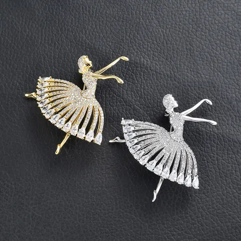 Elegant Ballet Dancing Girl Brooch For Women Creative Copper Rhinestone Inlaid Dancer Pin Apparel Accessories Jewelry Gift