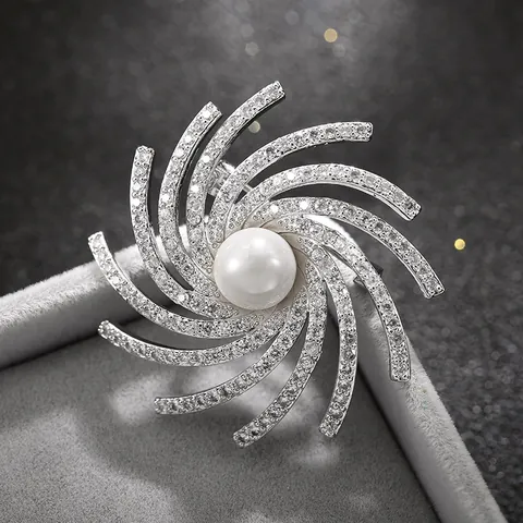 Elegant Copper Spiral Snowflake Brooch With White Artificial Pearl And Zirconia Inlaid Silver Tone Fashion Jewelry For Women Gift