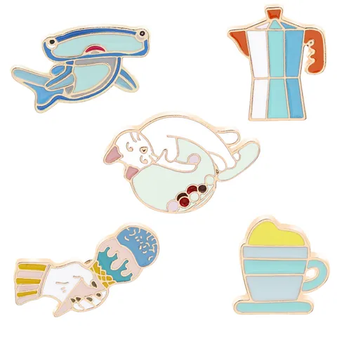 Kreative Cartoon Emaille Pins Set Katze Hai Kaffee Mokkakanne Eiscreme Zinklegierung Brosche Für Kleidung Taschen Dekor
