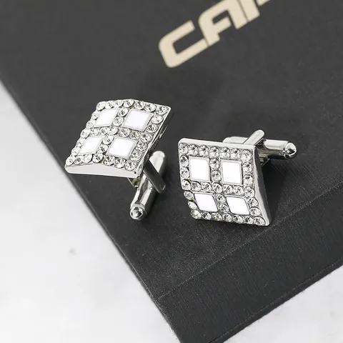 Herren Business Quadratisch Strass Manschettenknöpfe Silber Vergoldet Zinklegierung Weiß Emaille Geometrisches Muster Hemd Schmuck
