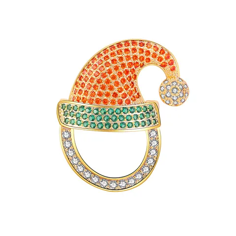 Festive Christmas Hat Brooch For Women Gold Plated Copper Colorful Zirconia Rhinestone Inlaid Decorative Lapel Pin Holiday Gift Jewelry