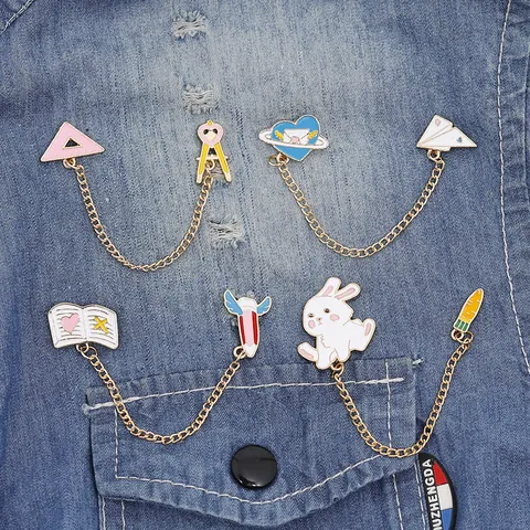 Cartoon Rabbit Book Stationery Enamel Brooch Long Chain Lapel Pin Creative Alloy Drip Oil Jewelry Gift For Shirt Collar