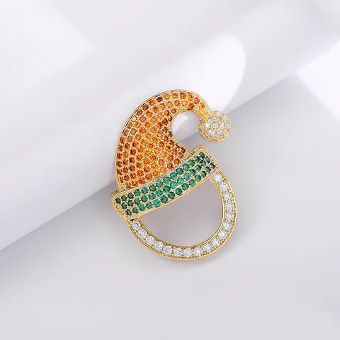 Festive Christmas Hat Brooch For Women Gold Plated Copper Colorful Zirconia Rhinestone Inlaid Decorative Lapel Pin Holiday Gift Jewelry