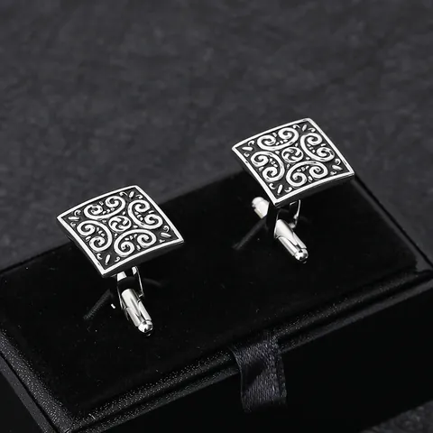 Gemelli Da Polso In Rame Con Motivo A Volute Quadrato Vintage Per Uomo Argento Nero Smalto Accessori Camicia Business Matrimonio