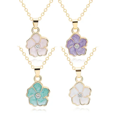 Korean Style Minimalist Alloy Enamel Flower Pendant Necklace With Zirconia Gold Plated Cross Chain Jewelry For Women Daily Decoration