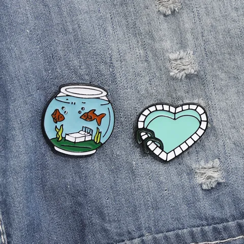 Creatieve Emaille Broche Pin Set Vissenkom En Hartvormig Zwembad Legering Druppelende Olie Badge Voor Kleding Tassen Accessoires