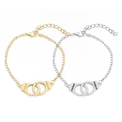 Fashion Handcuff Bracelet For Women Freedom Engraved Interlocking Handcuffs Alloy Gold Silver Plated Adjustable Chain Link Jewelry Gift