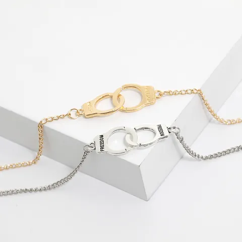 Fashion Handcuff Bracelet For Women Freedom Engraved Interlocking Handcuffs Alloy Gold Silver Plated Adjustable Chain Link Jewelry Gift