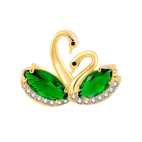 Elegant Brass Double Swan Brooch Pin With Green Marquise Zirconia Rhinestones For Women Wedding Party Jewelry Accessories