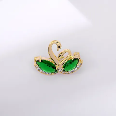 Elegant Brass Double Swan Brooch Pin With Green Marquise Zirconia Rhinestones For Women Wedding Party Jewelry Accessories
