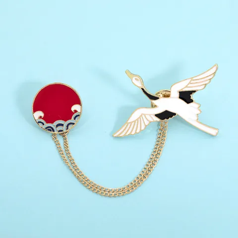 Japanese Style Crane Red Sun Sea Wave Enamel Brooch Badge With Double Chain Alloy Vintage Fashion Jewelry For Women Gift