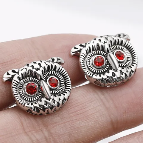 Boutons de Manchette Hibou Vintage Hommes Cuivre Plaqué Argent Yeux en Strass Rouges Accessoires de Chemise Business Créatifs