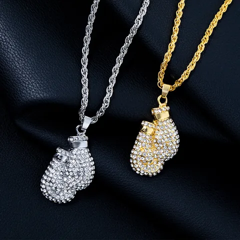 Collana con Ciondolo a Forma di Guantone da Boxe Hip Hop Iced Out Pavimentata in Zirconia Gioielli in Lega per Uomo Donna Placcata in Oro Argento Catena a Fune Accessori Streetwear Sportivi