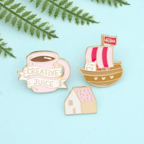 Cartoon Alloy Enamel Pin Brooch Set Pink Coffee Cup Cat Pirate Ship Small House Badge Jewelry For Clothing Bag Accessories