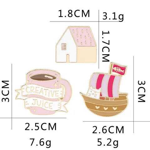 Cartoon Alloy Enamel Pin Brooch Set Pink Coffee Cup Cat Pirate Ship Small House Badge Jewelry For Clothing Bag Accessories