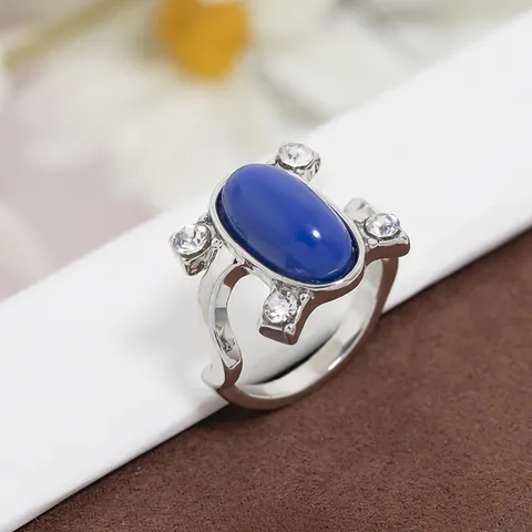 Anello in Lega Placcato Argento Vintage Con Pietra Sintetica Blu Ovale Zirconia Design Cavo Anello alla Moda per Donna