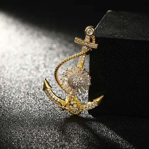 Nautical Anchor Brooch Pin With Rhinestone Zirconia Gold Rose Gold Plated Copper Suit Lapel Pin Jewelry For Women Men