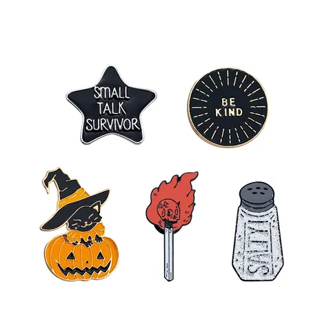 Cartoon Cute Halloween Enamel Pin Set Pumpkin Cat Skull Match Salty Be Kind Slogan Brooch For Backpack Denim Jacket Decor